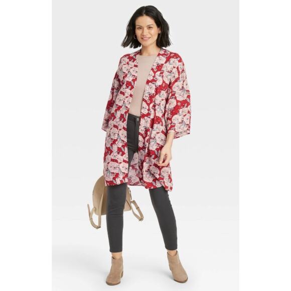 Knox Rose Open Kimono Cardigan Womens XL/XXL Red Floral Boho Beachy Coverup - Picture 7 of 11